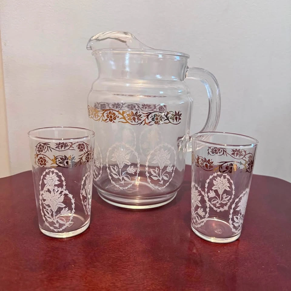 MCM pitcher and 2 juice glasses