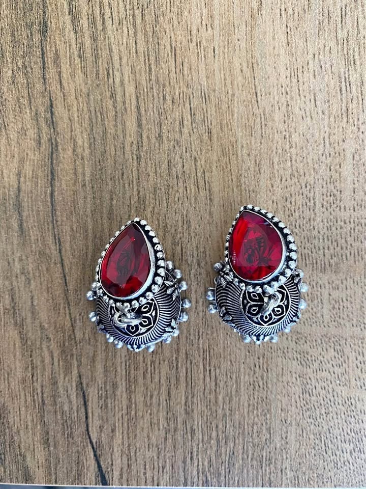 Oxidized Silver Red Stone Jhumka Earrings