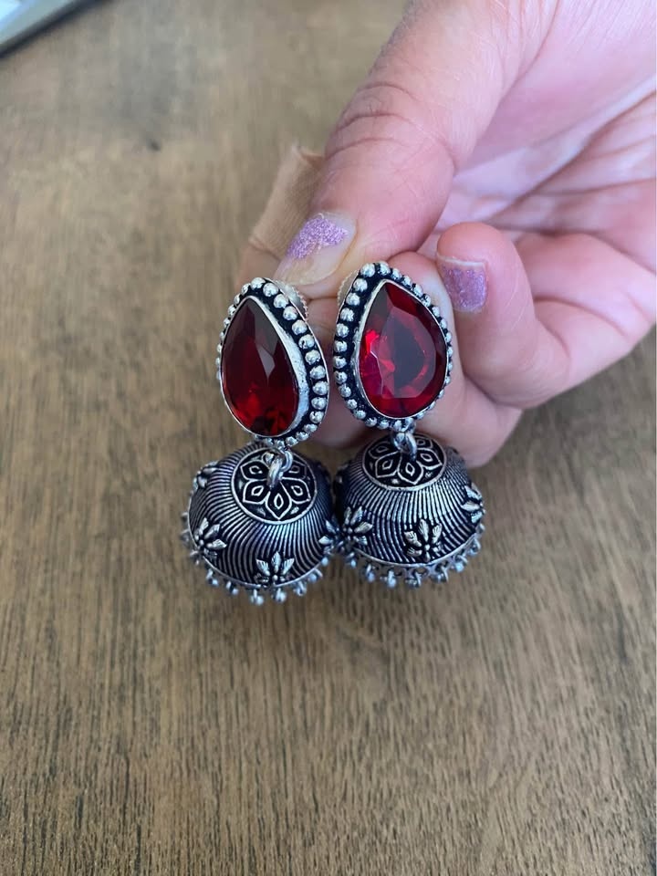 Oxidized Silver Red Stone Jhumka Earrings - photo 3
