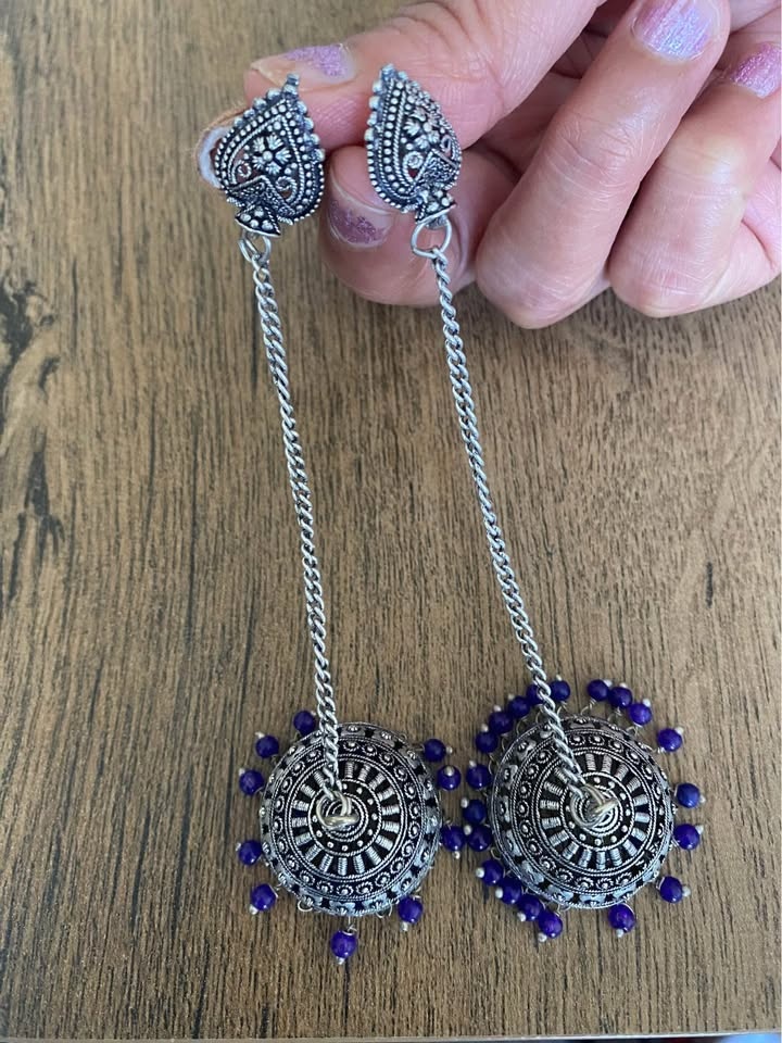 18k Silver Jhumka Earrings w Purple Beads - photo 2
