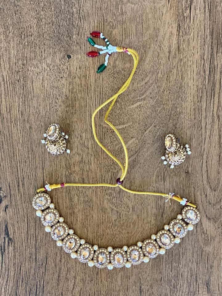 Gold Tone Necklace Earring Set w/ Pearls & Stones