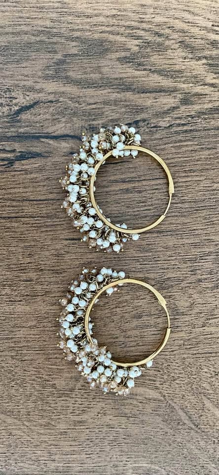 Gold Tone Pearl Beaded Hoop Earrings