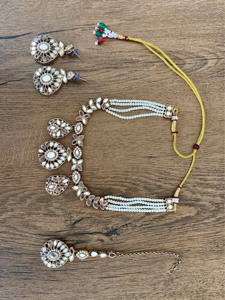 Gold Tone Mirror Work Pearl Jewelry Set - Necklace Earrings Tikk
