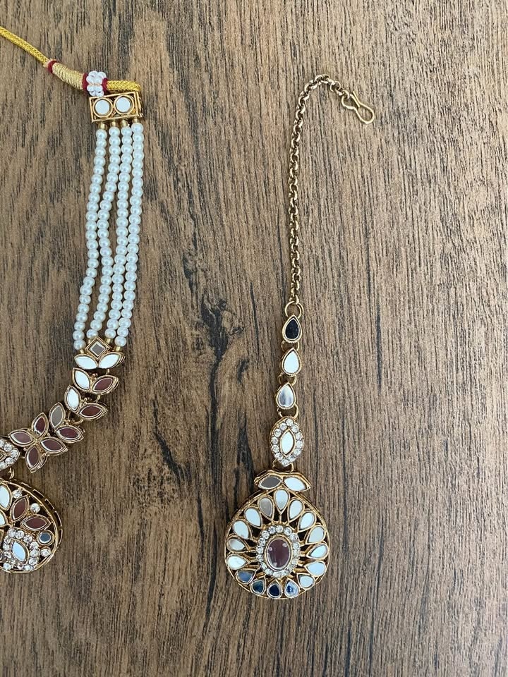Gold Tone Mirror Work Pearl Jewelry Set - Necklace Earrings Tikk - photo 3