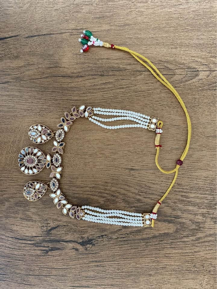 Gold Tone Mirror Work Pearl Jewelry Set - Necklace Earrings Tikk - photo 4
