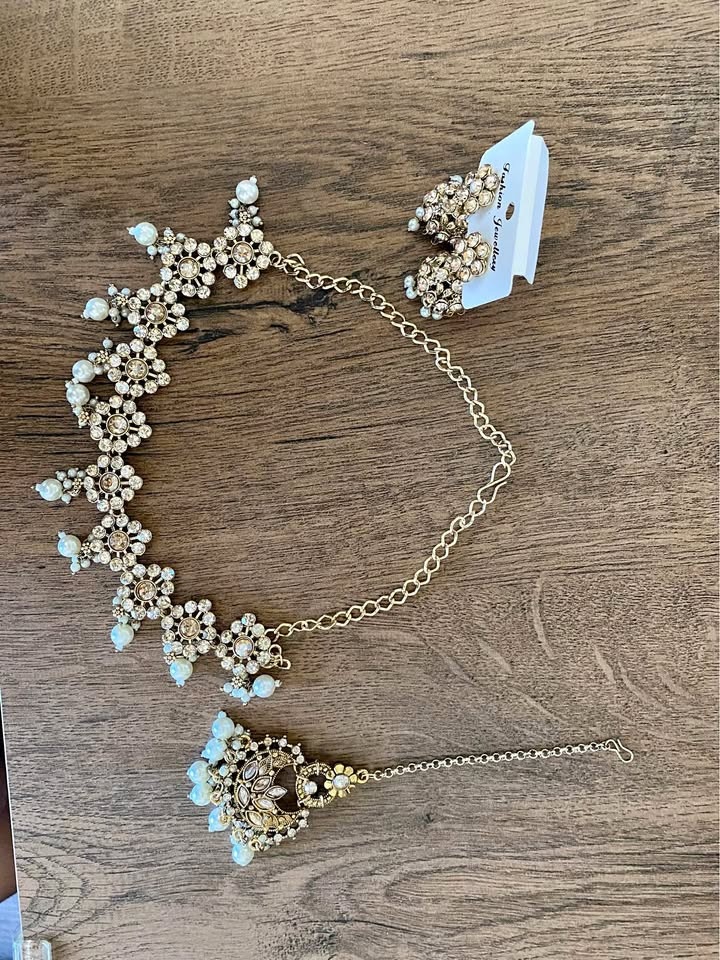 New Indian Jewelry Set - Necklace Earrings Maang Tikka Gold Pear