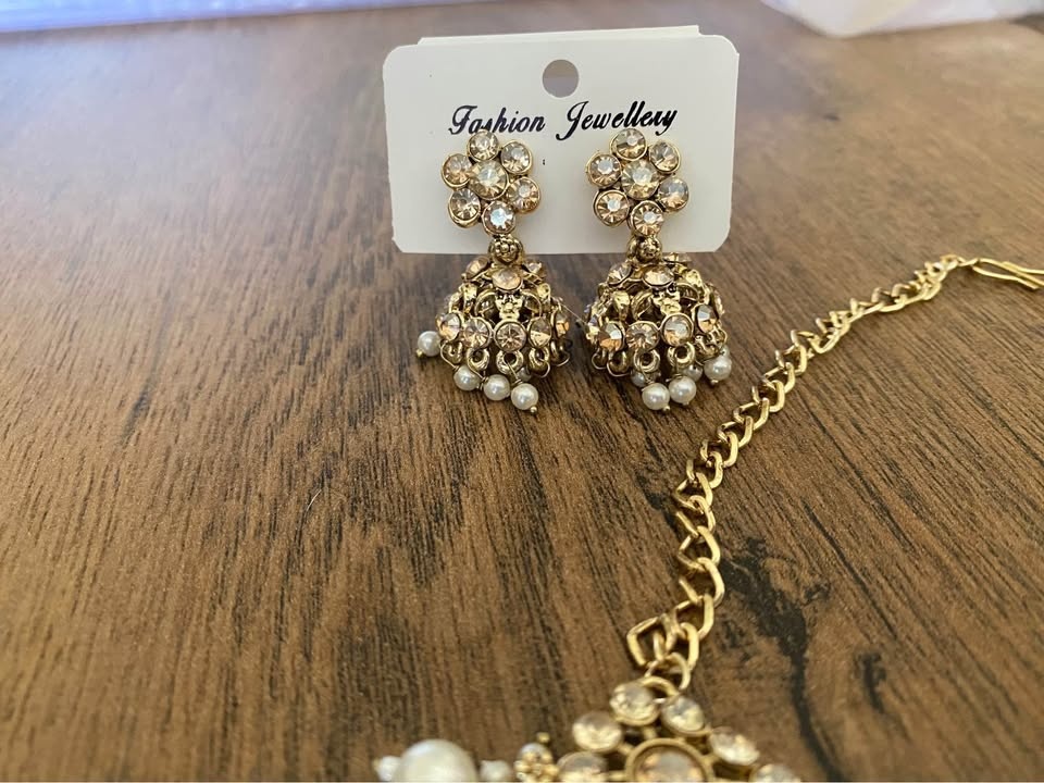 New Indian Jewelry Set - Necklace Earrings Maang Tikka Gold Pear - photo 2