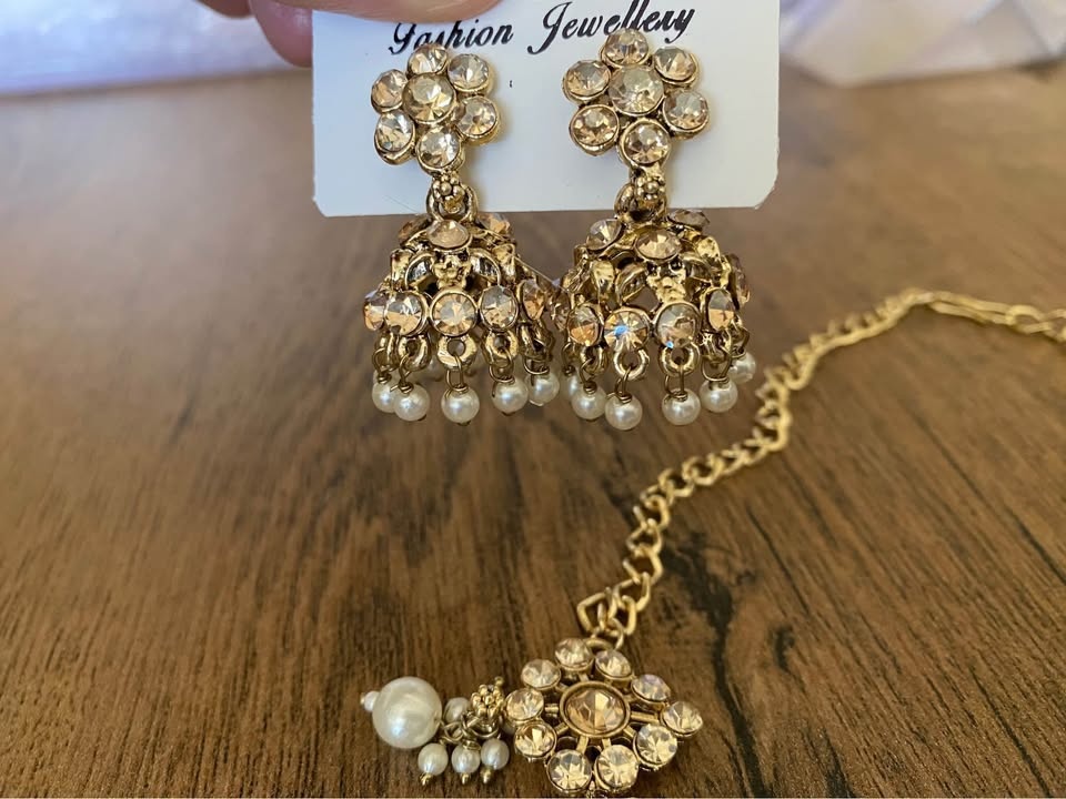 New Indian Jewelry Set - Necklace Earrings Maang Tikka Gold Pear - photo 3