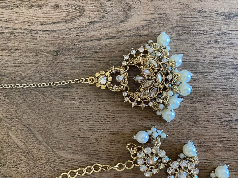 New Indian Jewelry Set - Necklace Earrings Maang Tikka Gold Pear - photo 4