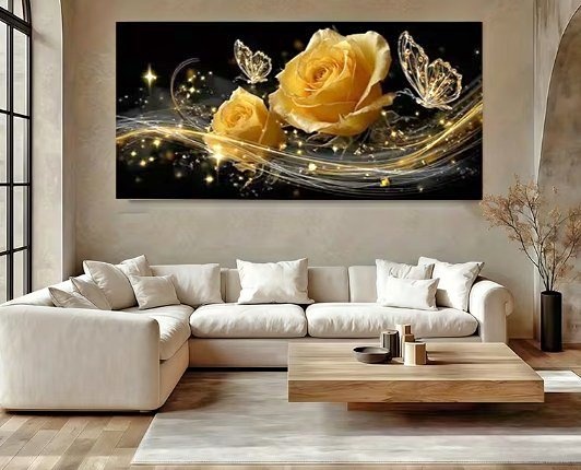 Luxury Golden Rose Canvas Wall Art - Large 52 x 24 Inches