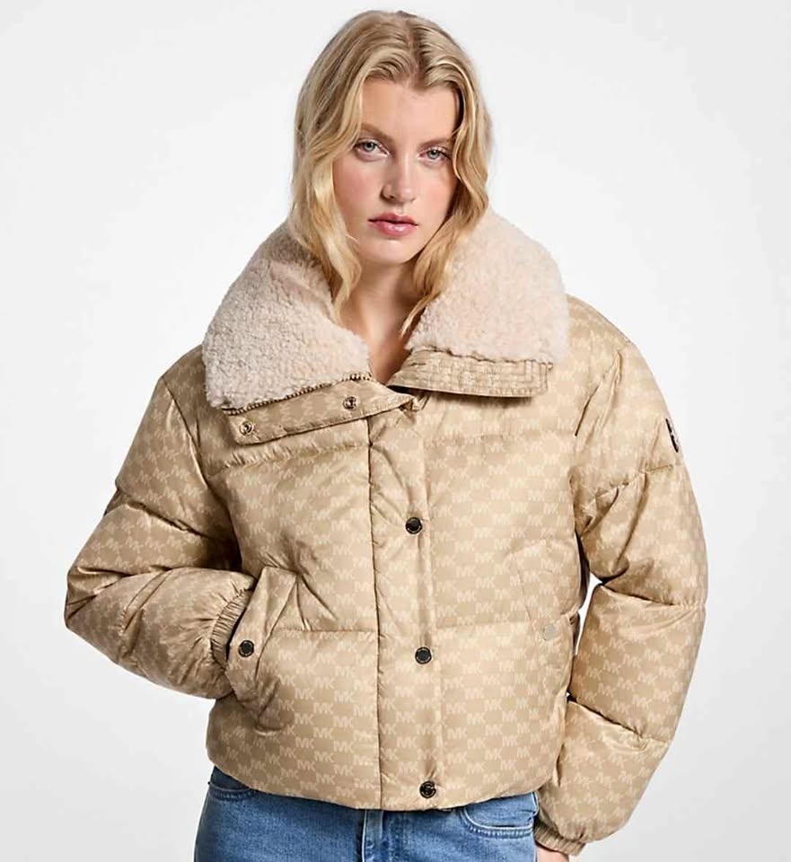 Michael Kors MK Logo Puffer Jacket w/ Shearling Collar