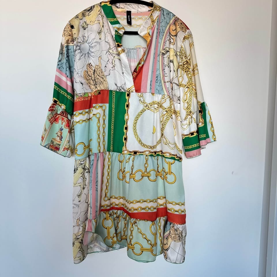 Boho Chic Printed Mini Dress | Venetian Gold Chain Print | L - photo 3