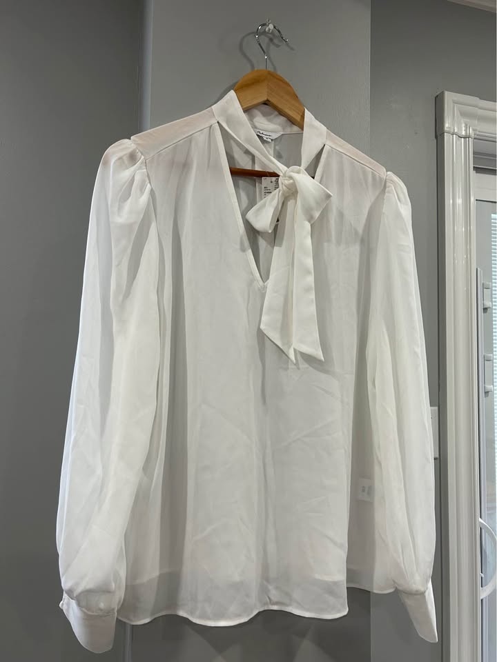 Reitmans White Tie Neck Puff Sleeve Blouse - Size L - photo 2