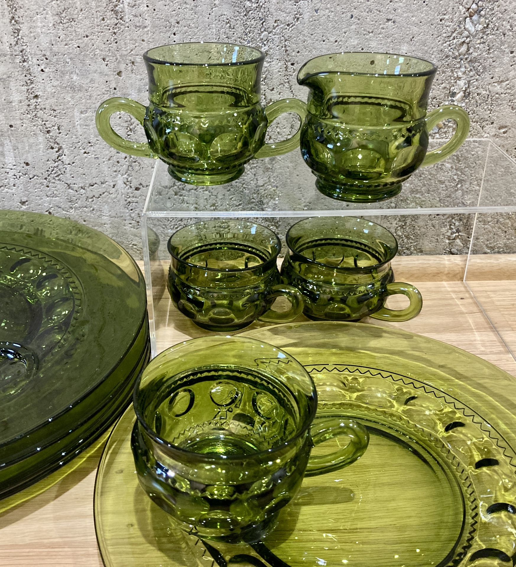 VTG Indiana Glass Kings Crown Thumbprint Green Set of 10