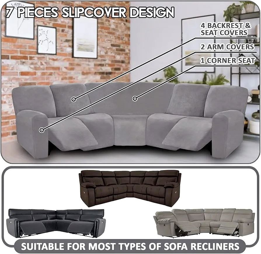 Luxury Velvet L-Shape Recliner Sofa Cover - 7 Piece Set - Dark G