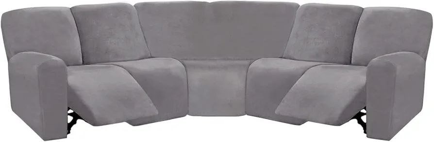 Luxury Velvet L-Shape Recliner Sofa Cover - 7 Piece Set - Dark G - photo 3