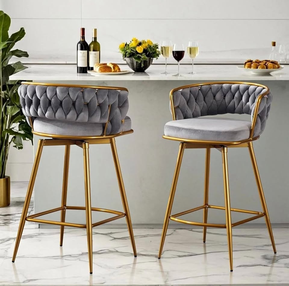 26” Luxury Velvet Counter Bar Stools - Set of 2 - Swivel - Grey