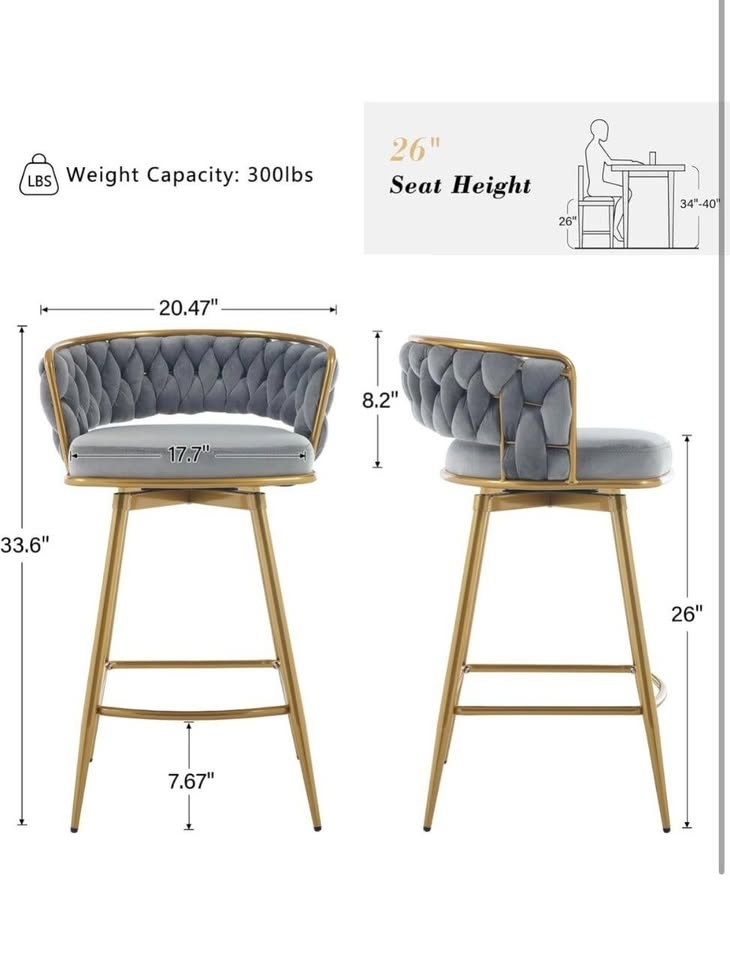 26” Luxury Velvet Counter Bar Stools - Set of 2 - Swivel - Grey - photo 3