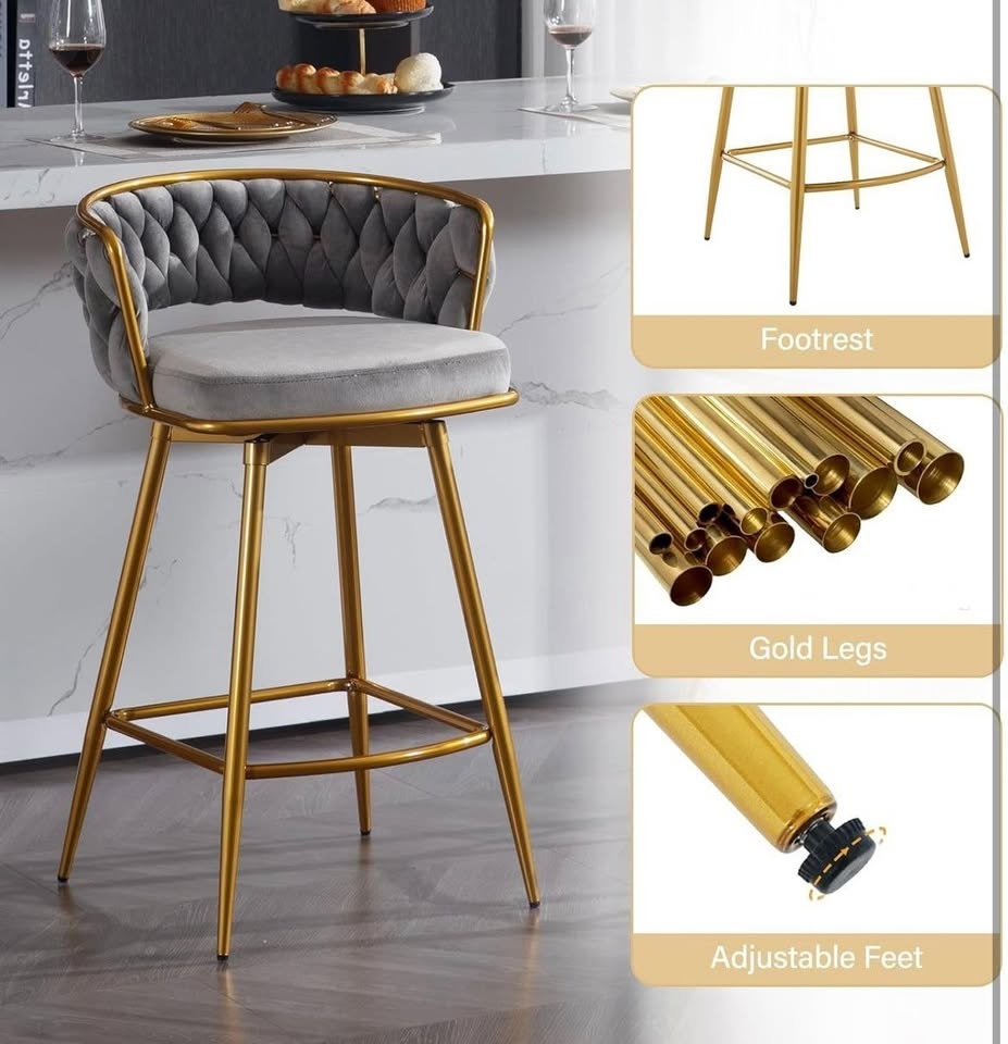 26” Luxury Velvet Counter Bar Stools - Set of 2 - Swivel - Grey - photo 5