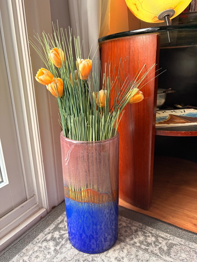 Artisan Cylindrical Glass Vase - Iridescent Multi-Color