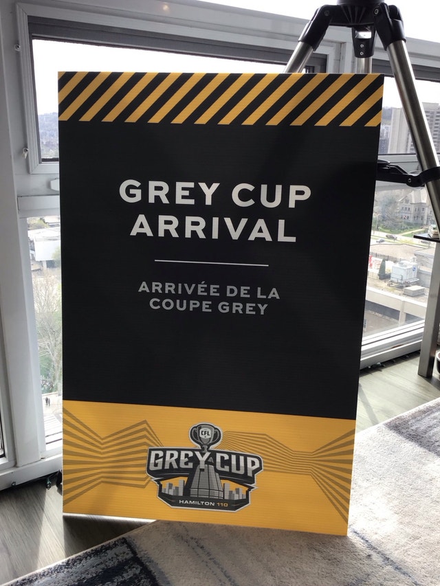 #2/4. Hamilton 110th Grey Cup Arrival Coroplast 24” x 36” poster