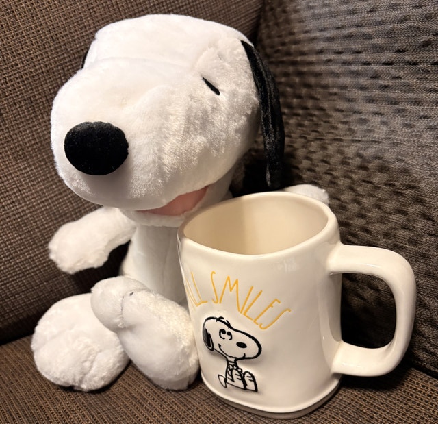 Snoopy plush toy and Rae Dunn coffee mug set