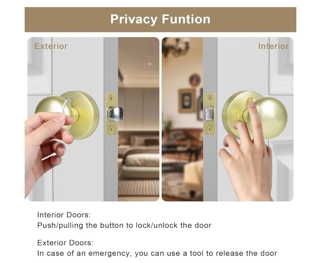 Satin Brass Privacy Door Knobs Interior with Push-Button - photo 5