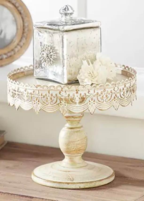 ORNATE VINTAGE FARMHOUSE WHITE METAL LACE CAKE STAND - NEVER USE - photo 3