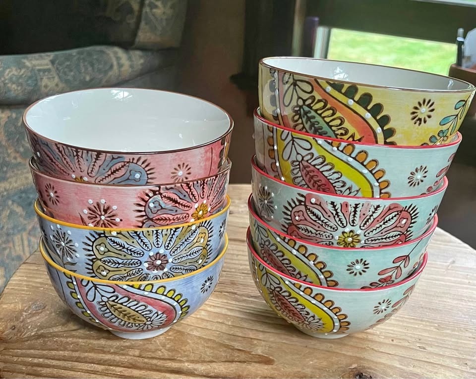 COULEUR NATURE PAISLEY FRENCH CERAMIC HAND PAINTED 8oz BOWLS - D