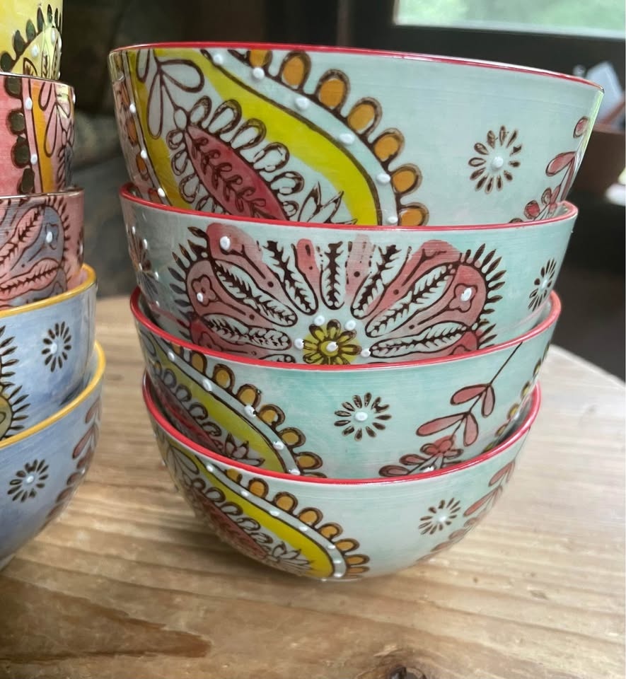 COULEUR NATURE PAISLEY FRENCH CERAMIC HAND PAINTED 8oz BOWLS - D - photo 3