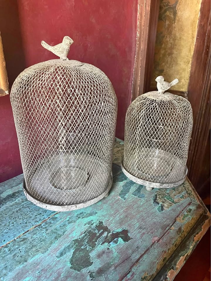 Set of 2 Silver Metal Birdcage Cloche Lanterns