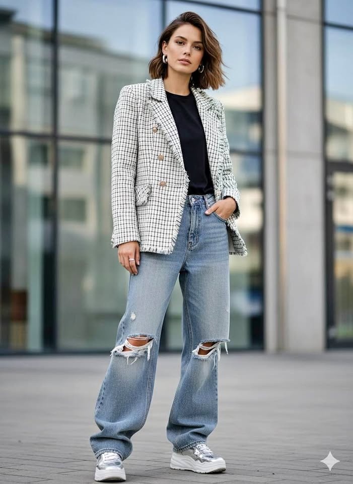 Sophisticated Green & Creme Tweed Blazer With Pearl Buttons | Si