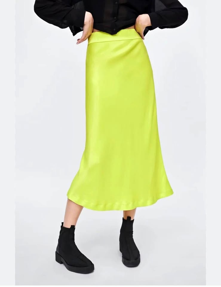 Zara Neon Yellow Satin Skirt | Size Medium