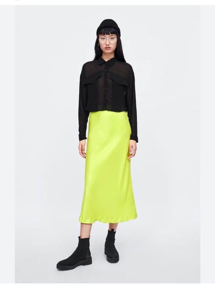 Zara Neon Yellow Satin Skirt | Size Medium - photo 2