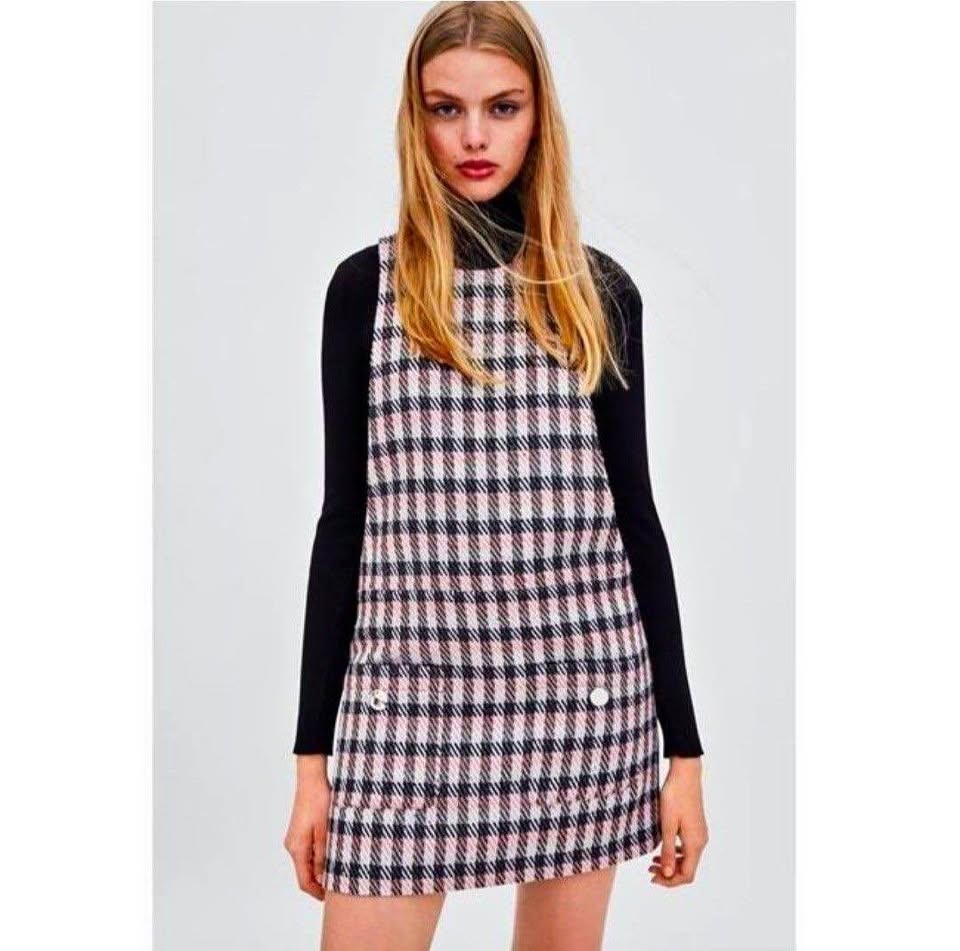 Zara Baby Pink Tweed Pinafore Overall Dress | Size L