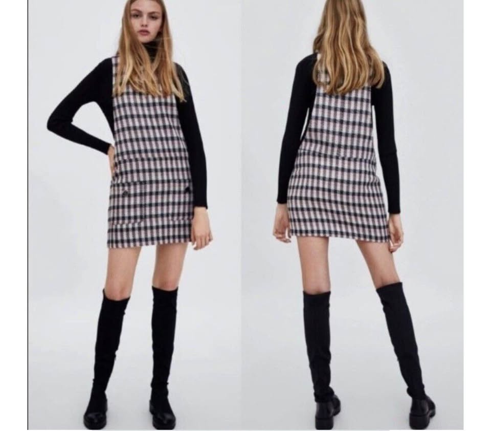 Zara Baby Pink Tweed Pinafore Overall Dress | Size L - photo 3