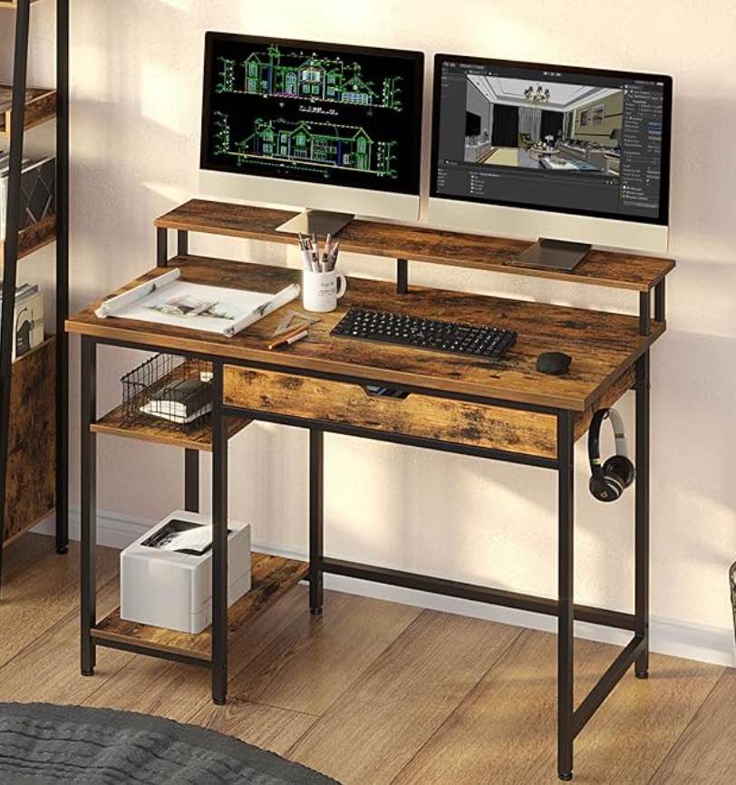 Wood Computer Desk with Monitor Stand and Drawers