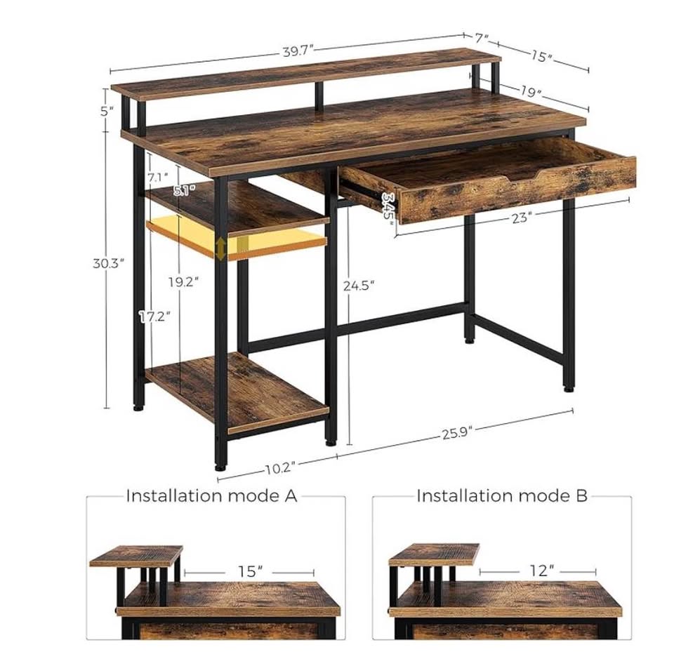 Wood Computer Desk with Monitor Stand and Drawers - photo 2