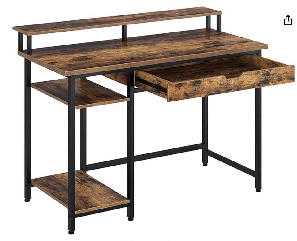 Wood Computer Desk with Monitor Stand and Drawers - photo 3
