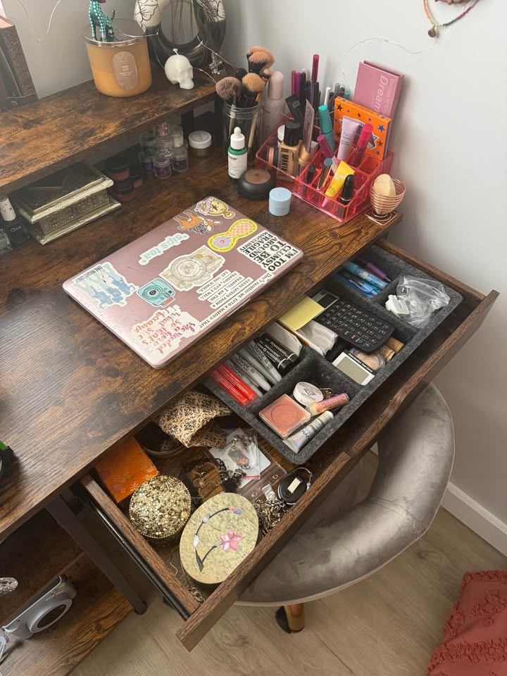 Wood Computer Desk with Monitor Stand and Drawers - photo 5