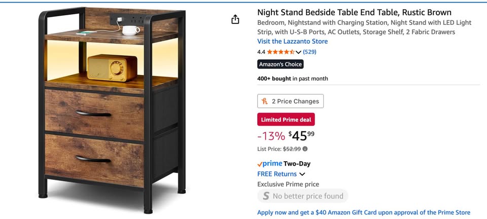 Night Stand Bedside Table End Table, Rustic Brown