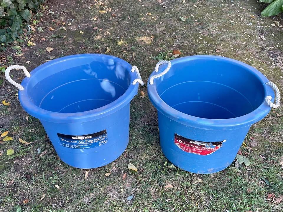 Set of 3 Vintage 20 Gallon Blue Buckets with Rope Handles