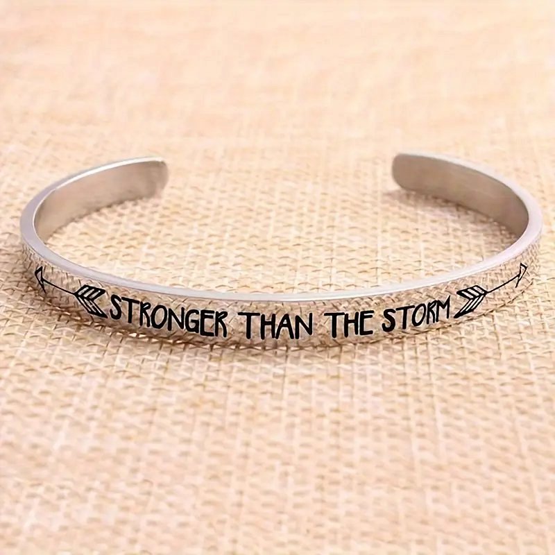 'STRONGER THAN THE STORM' Engraved Stainless Steel Open Bracelet
