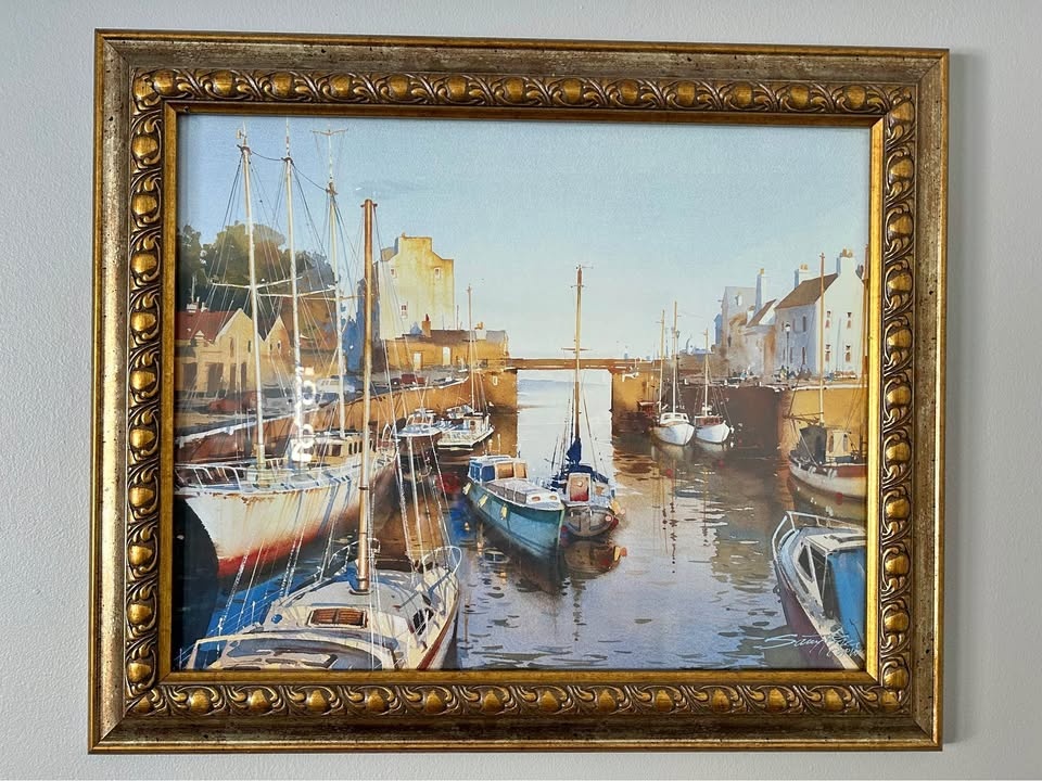 Framed Maritime Harbourfront Scene Watercolour Print