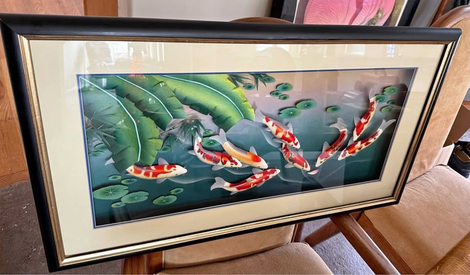 Framed Matted 3D Shadow Box Painting of Koi Fish
