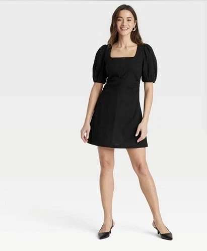 A New Day Black Puff Sleeve Square Neck Dress Size 2