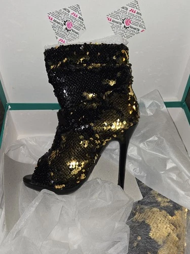 Lauren Lorraine Marlow Black/Gold Sequin Peep Toe Heel