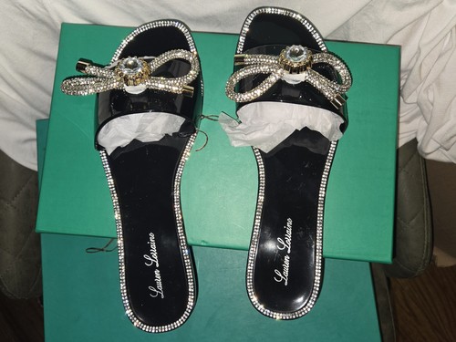Lauren Lorraine Breeze Black Rhinestone Bow Jelly Sandals - Size