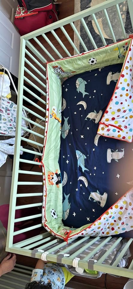 Mint Green Baby Crib w Organic Mattress + Bumpers (MOVING SALE)