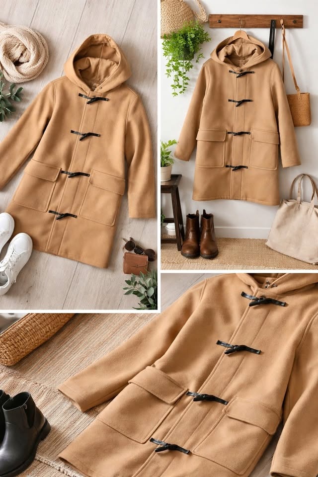Camel Hooded Duffle Coat – Classic Toggle Style